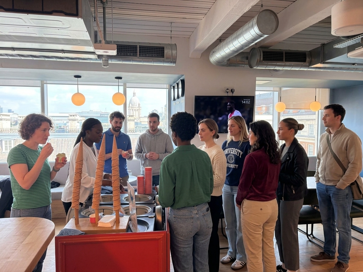 Colleagues gathered around a gelato cart in an office breakout area