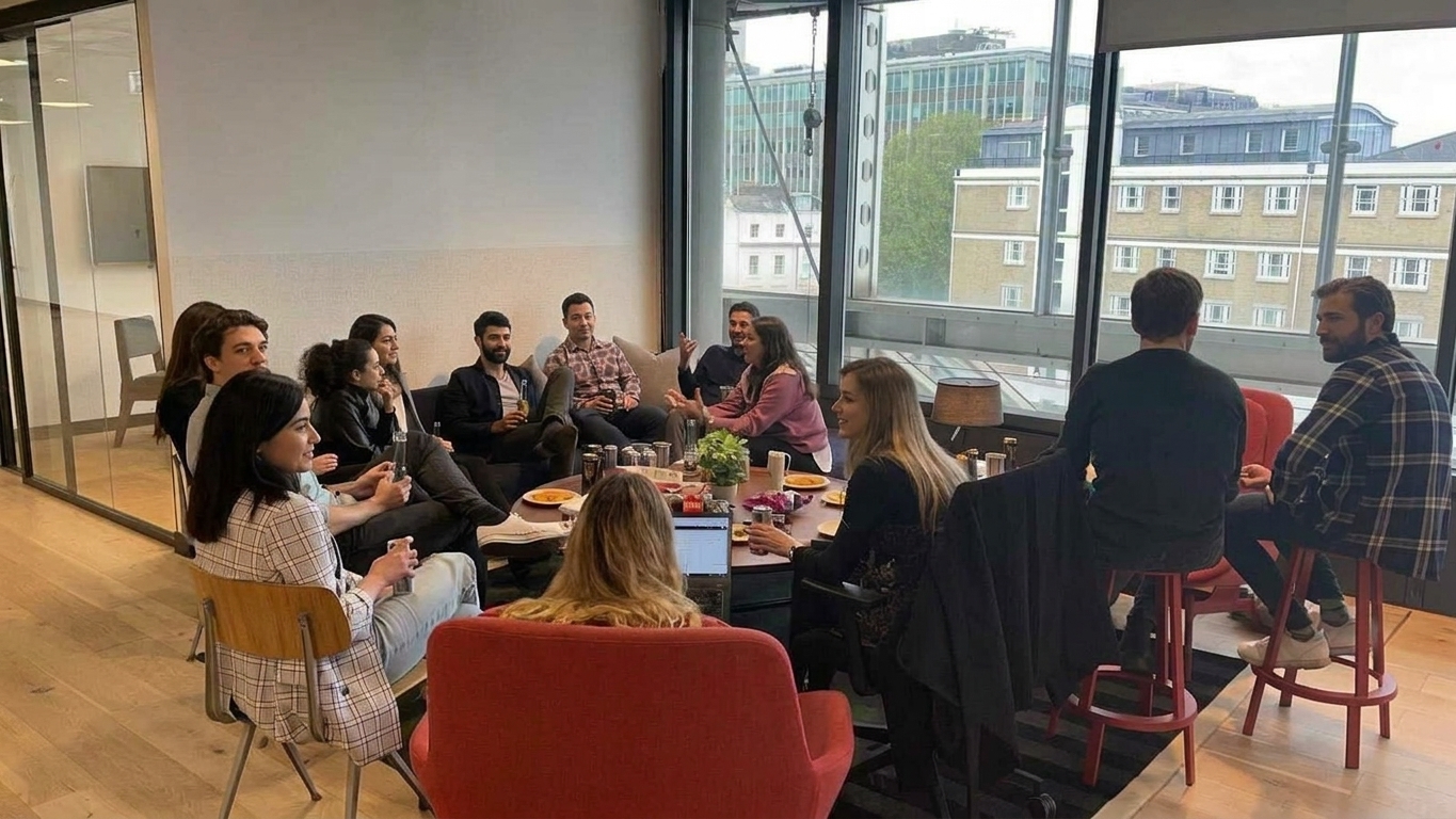 Colleagues gathered in an office lounge with drinks and snacks