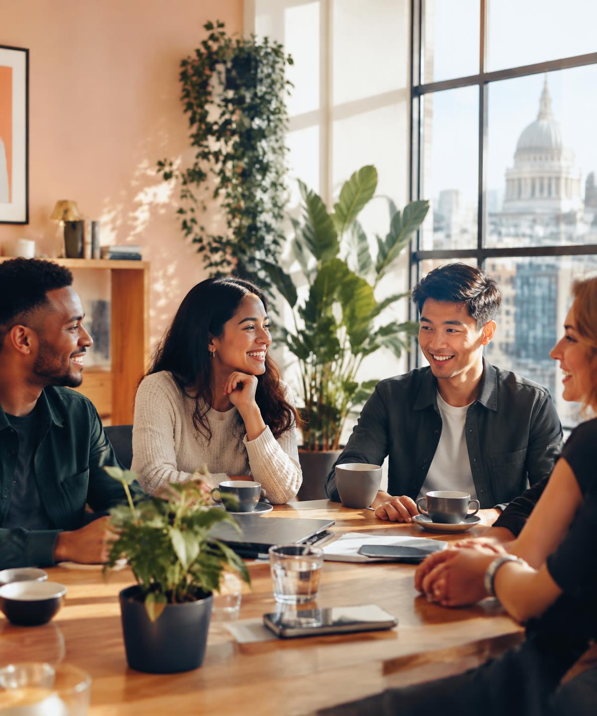 Colleagues chatting around a table in a bright London office